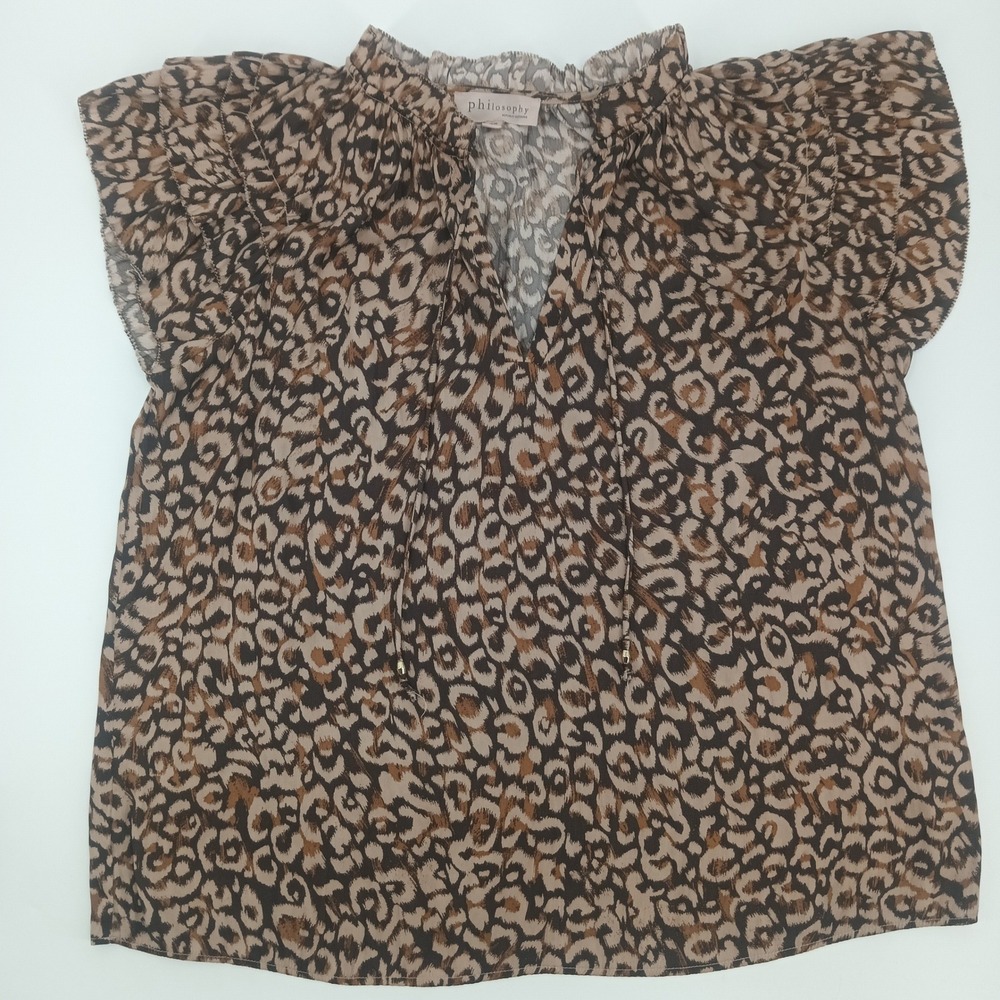 Philosophy Republic Clothing Leopard Print Ruffle Cap Sleeve Blouse Brown Medium